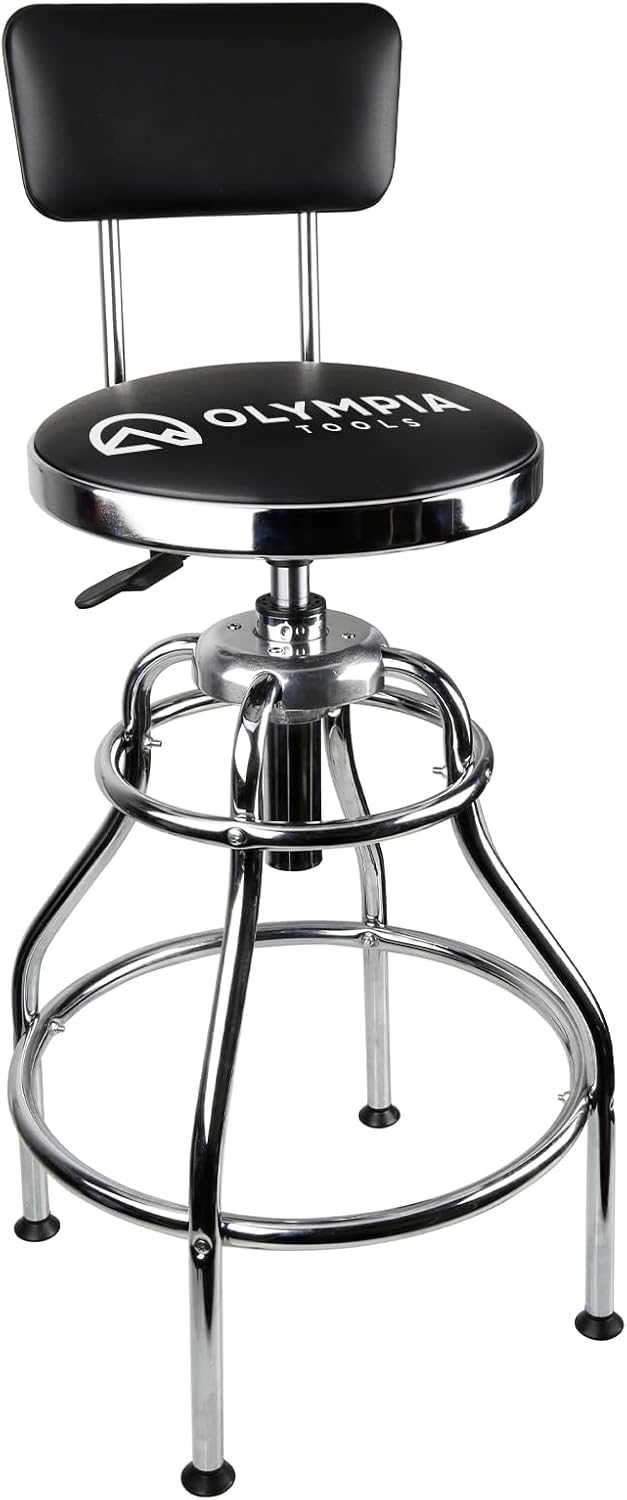 Olympia Tools 82-738 Adjustable Hydraulic Work Stool | Ergonomic Black Shop Stool for Mechanics & Workshops