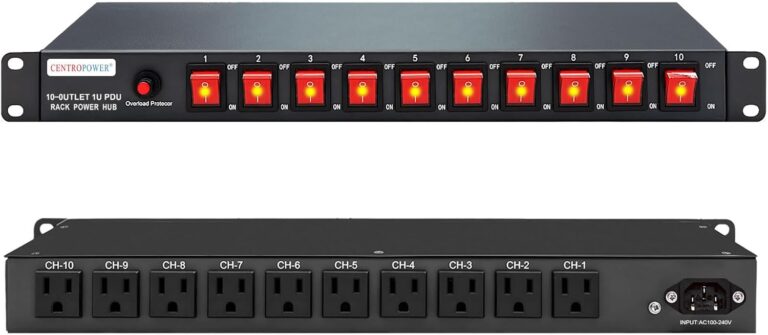 CENTROPOWER 1U Rackmount PDU Surge Protector: 10 Outlet Power Strip with 1800 Joules Protection & Individual Switches