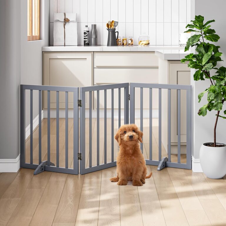 Freestanding Wooden Dog Gate 24 Inch Tall – Indoor Pet Barrier with Support Feet & Easy Step Over Design