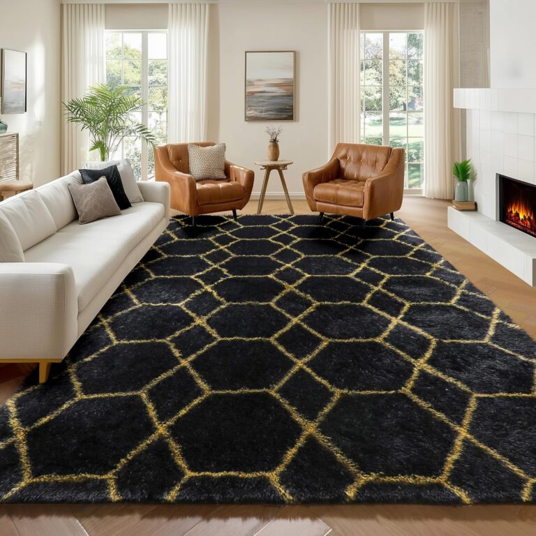 ONASAR 6×9 Washable Area Rug: Fluffy Black & Gold Geometric Shaggy Carpet for Living Room, Bedroom, Nursery & Dorm