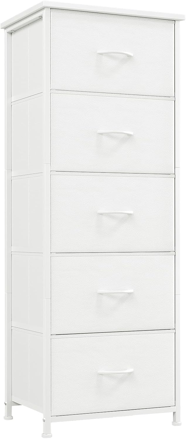 Somdot Tall Dresser with 5 Drawers & Fabric Bins | White Leather Storage Organizer for Bedroom, Living Room & Entryway
