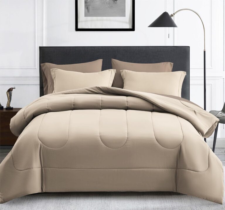 Maple & Stone Oversized King Comforter Set 7-Piece Bed in a Bag | All Season Down Alternative Bedding in Beige