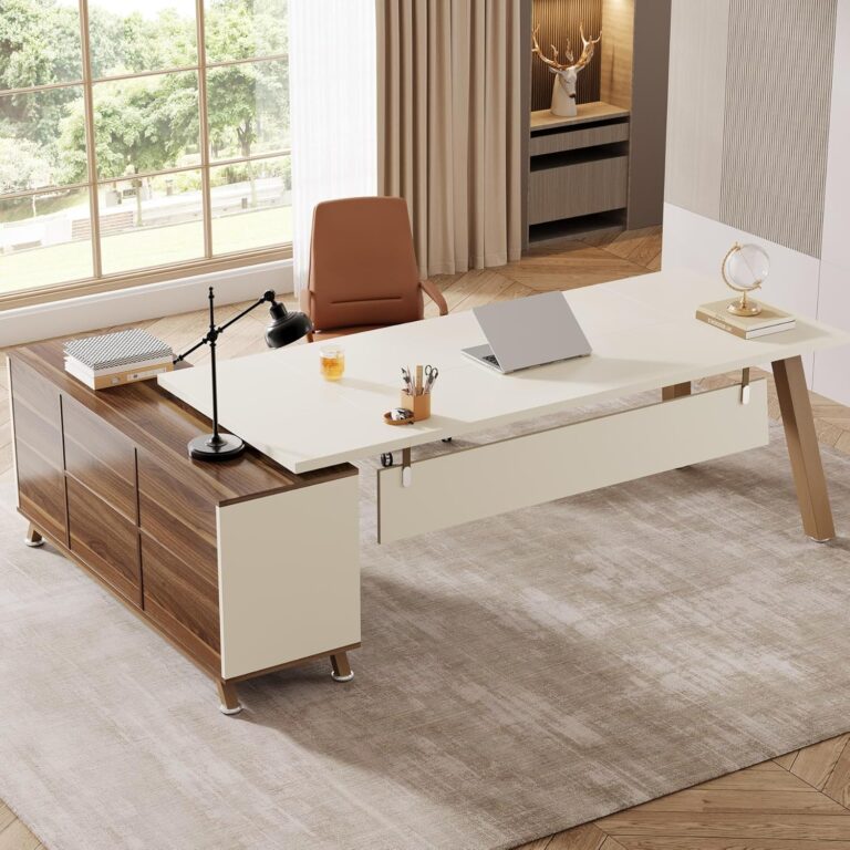 Tribesigns 78.7-Inch L-Shaped Executive Desk with Cabinet | Modern Home Office Desk in White & Walnut