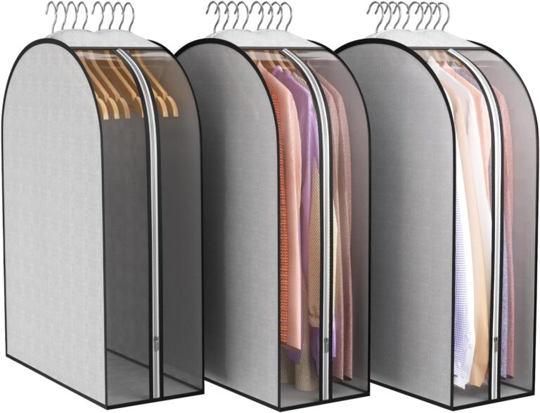 10 Inch Gusseted Garment Bags for Hanging Clothes – 3 Pack Grey Suit & Dress Wardrobe Protectors with Clear Side Panel