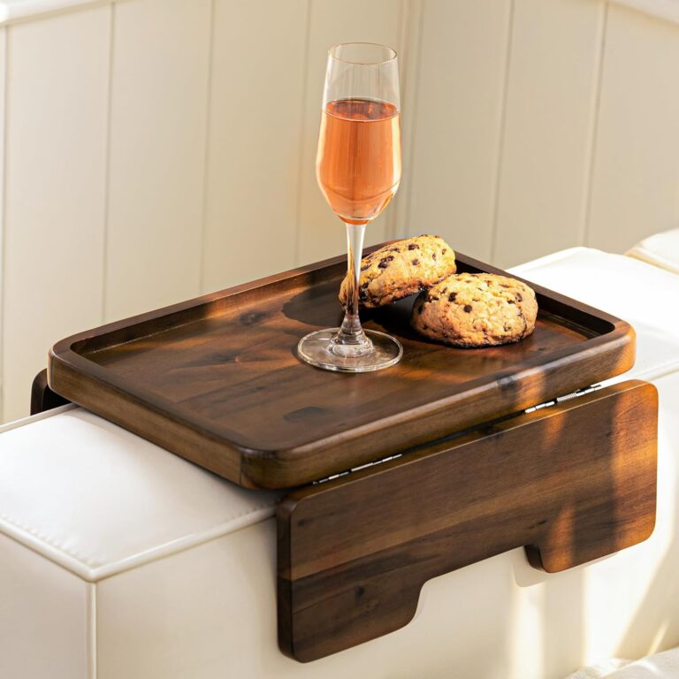 HOLANA Acacia Couch Armrest Table with 360° Rotating Phone Holder – Walnut Sofa Side Tray