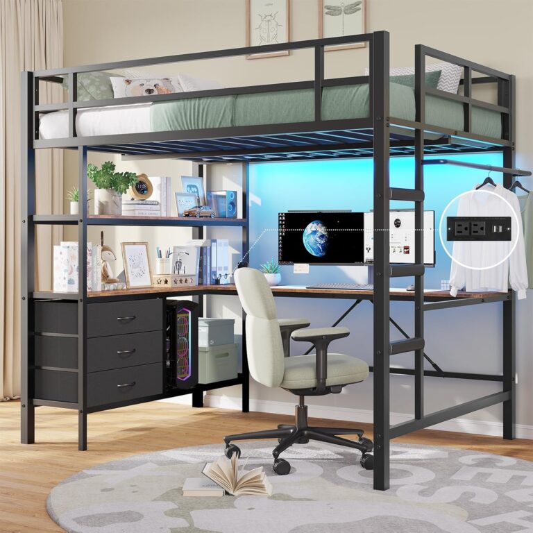 DICTAC Full Size Loft Bed with L-Shaped Desk & Charging Station | Black Metal Loft Bed with LED Lights, Storage & Stairs